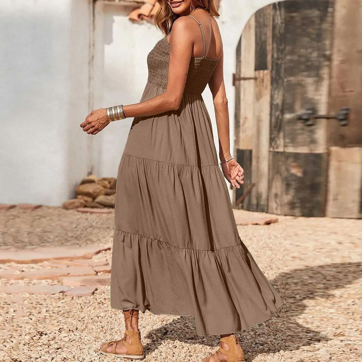 Boho Summer Dresses for Women Casual Ruched Maxi Dress Sleeveless Square Neck Cami Dresses Flowy Tiered Sundress