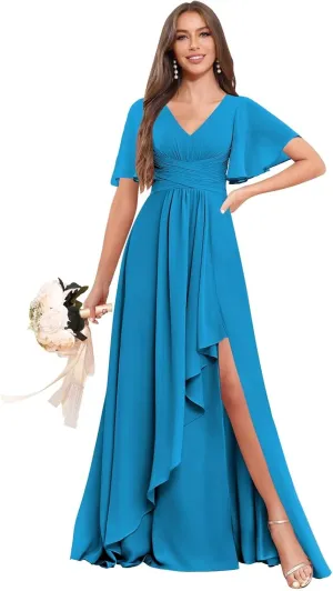 BOLENSYE Bridesmaid Dresses for Women with PocketsShort Sleeve Ruffles Evening Party Gown