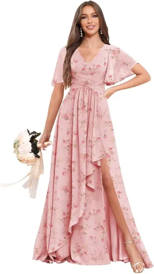 BOLENSYE Bridesmaid Dresses for Women with PocketsShort Sleeve Ruffles Evening Party Gown