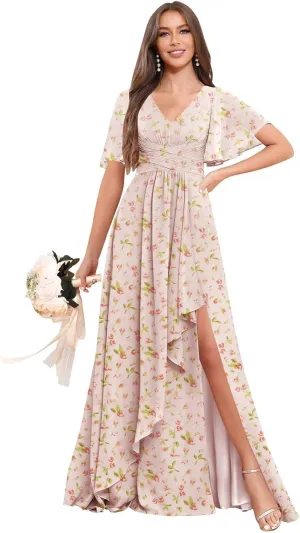 BOLENSYE Bridesmaid Dresses for Women with PocketsShort Sleeve Ruffles Evening Party Gown
