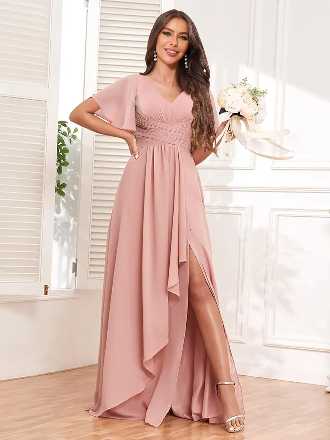 BOLENSYE Bridesmaid Dresses for Women with PocketsShort Sleeve Ruffles Evening Party Gown