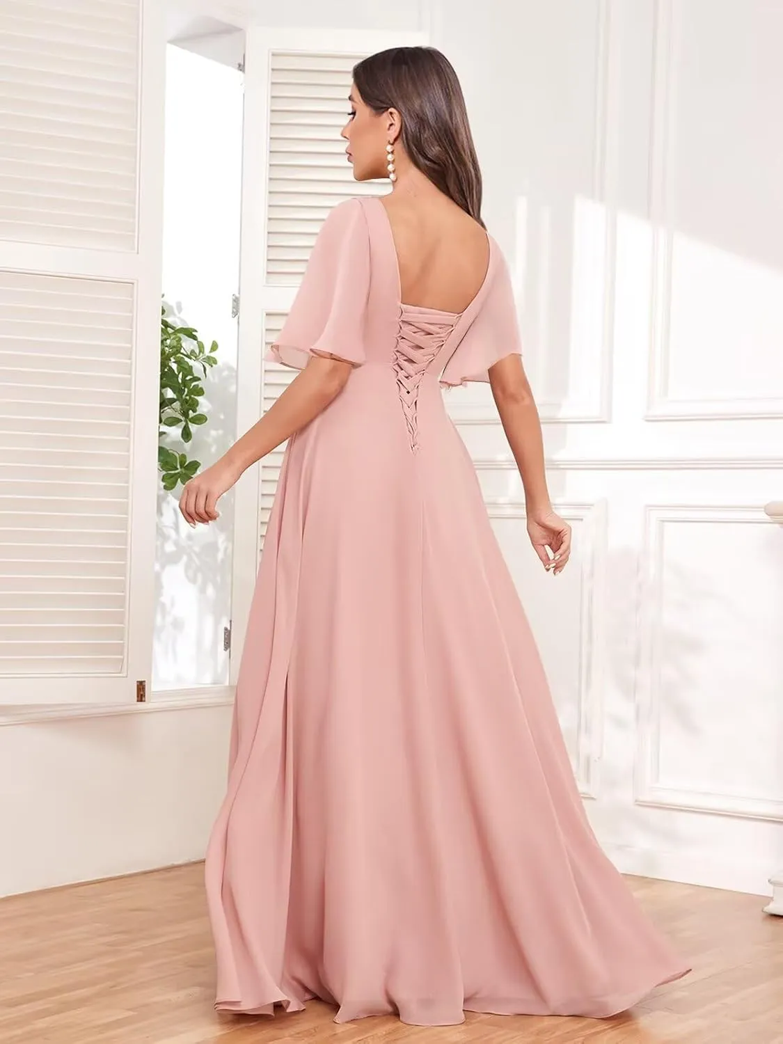 BOLENSYE Bridesmaid Dresses for Women with PocketsShort Sleeve Ruffles Evening Party Gown