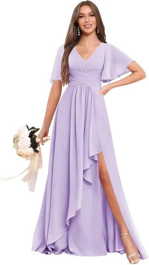BOLENSYE Bridesmaid Dresses for Women with PocketsShort Sleeve Ruffles Evening Party Gown