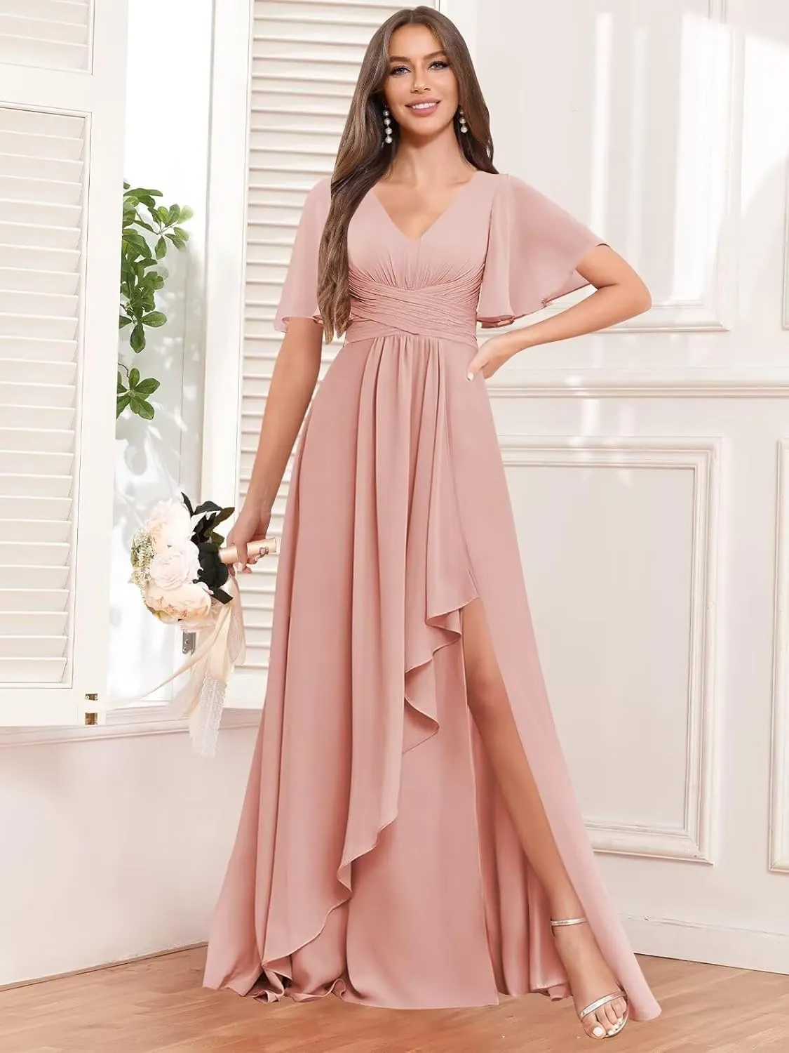 BOLENSYE Bridesmaid Dresses for Women with PocketsShort Sleeve Ruffles Evening Party Gown