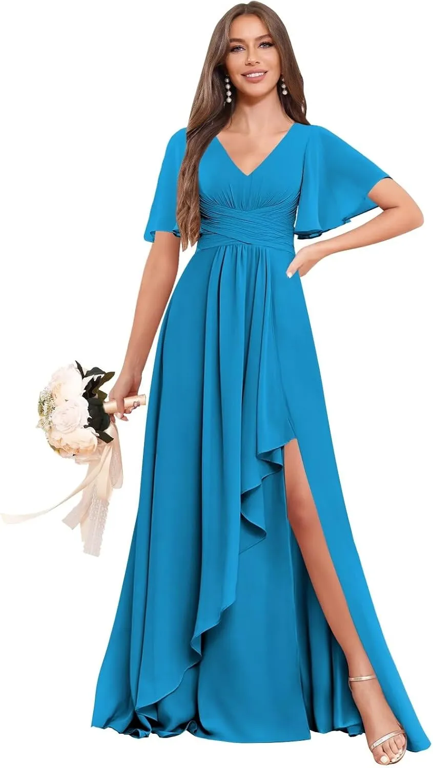 BOLENSYE Bridesmaid Dresses for Women with PocketsShort Sleeve Ruffles Evening Party Gown