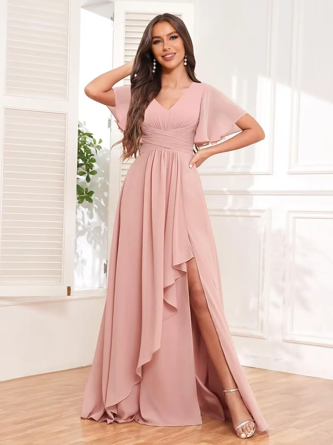 BOLENSYE Bridesmaid Dresses for Women with PocketsShort Sleeve Ruffles Evening Party Gown