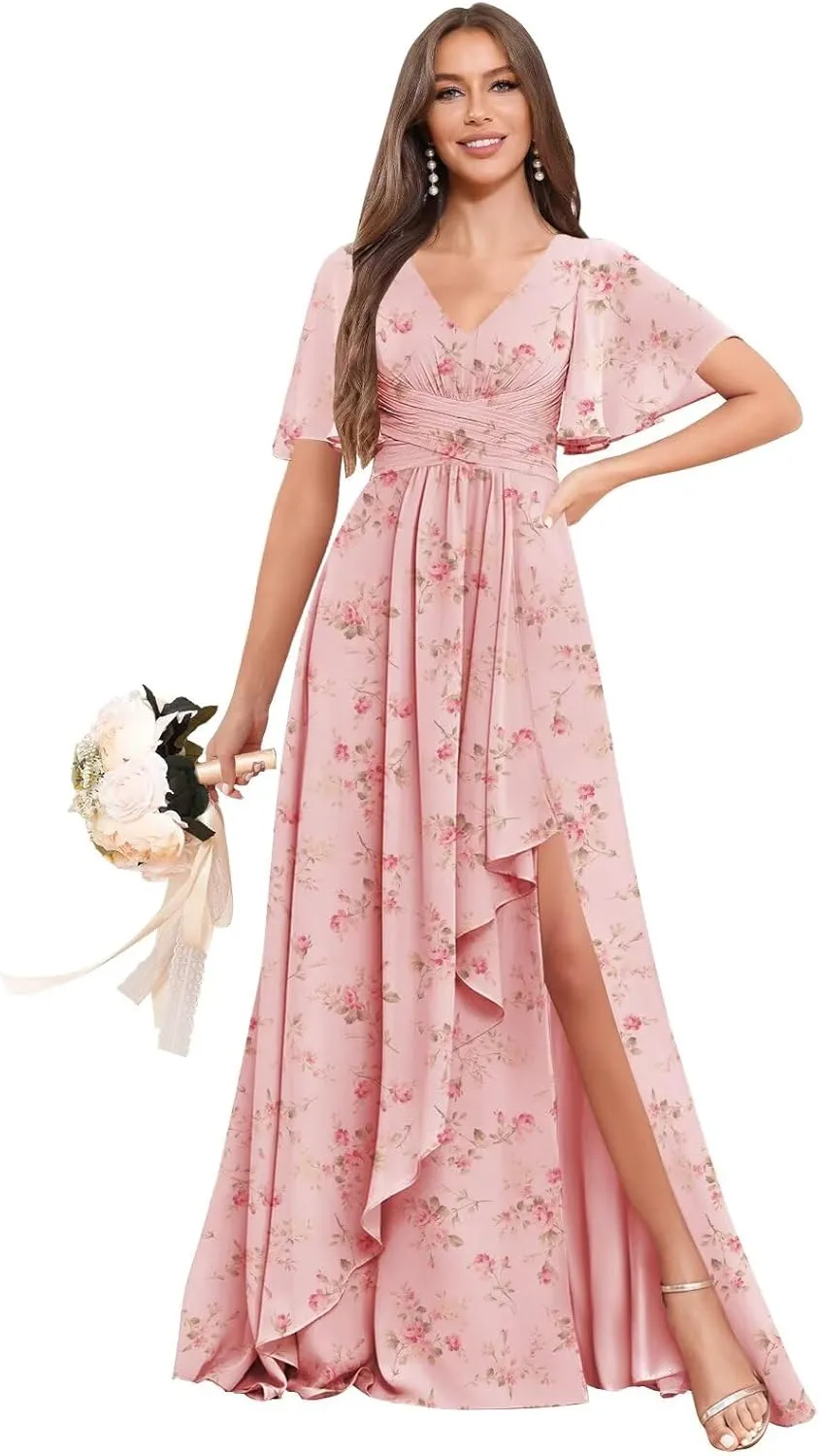 BOLENSYE Bridesmaid Dresses for Women with PocketsShort Sleeve Ruffles Evening Party Gown