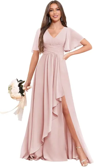 BOLENSYE Bridesmaid Dresses for Women with PocketsShort Sleeve Ruffles Evening Party Gown