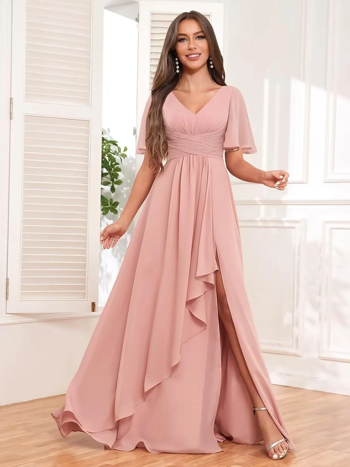 BOLENSYE Bridesmaid Dresses for Women with PocketsShort Sleeve Ruffles Evening Party Gown