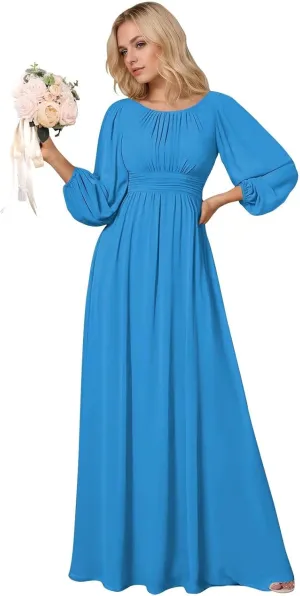 BOLENSYE Long Formal Dresses for Women with Lantern Sleeves A Line Chiffon Ruched Bridesmaid Dress Evening Gowns