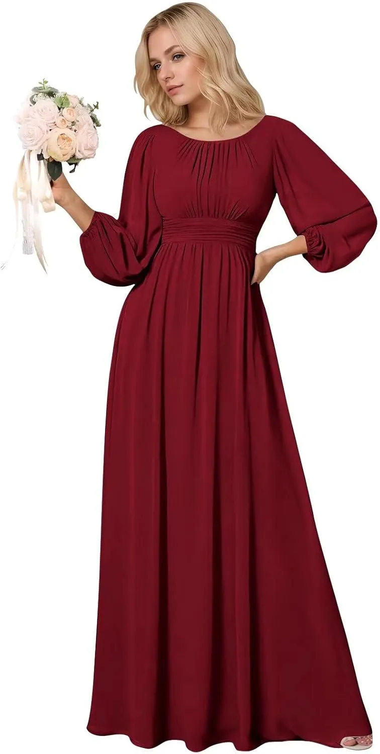 BOLENSYE Long Formal Dresses for Women with Lantern Sleeves A Line Chiffon Ruched Bridesmaid Dress Evening Gowns