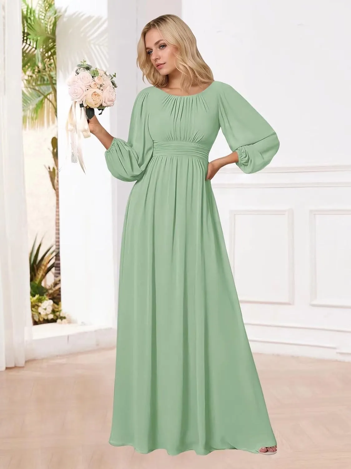 BOLENSYE Long Formal Dresses for Women with Lantern Sleeves A Line Chiffon Ruched Bridesmaid Dress Evening Gowns