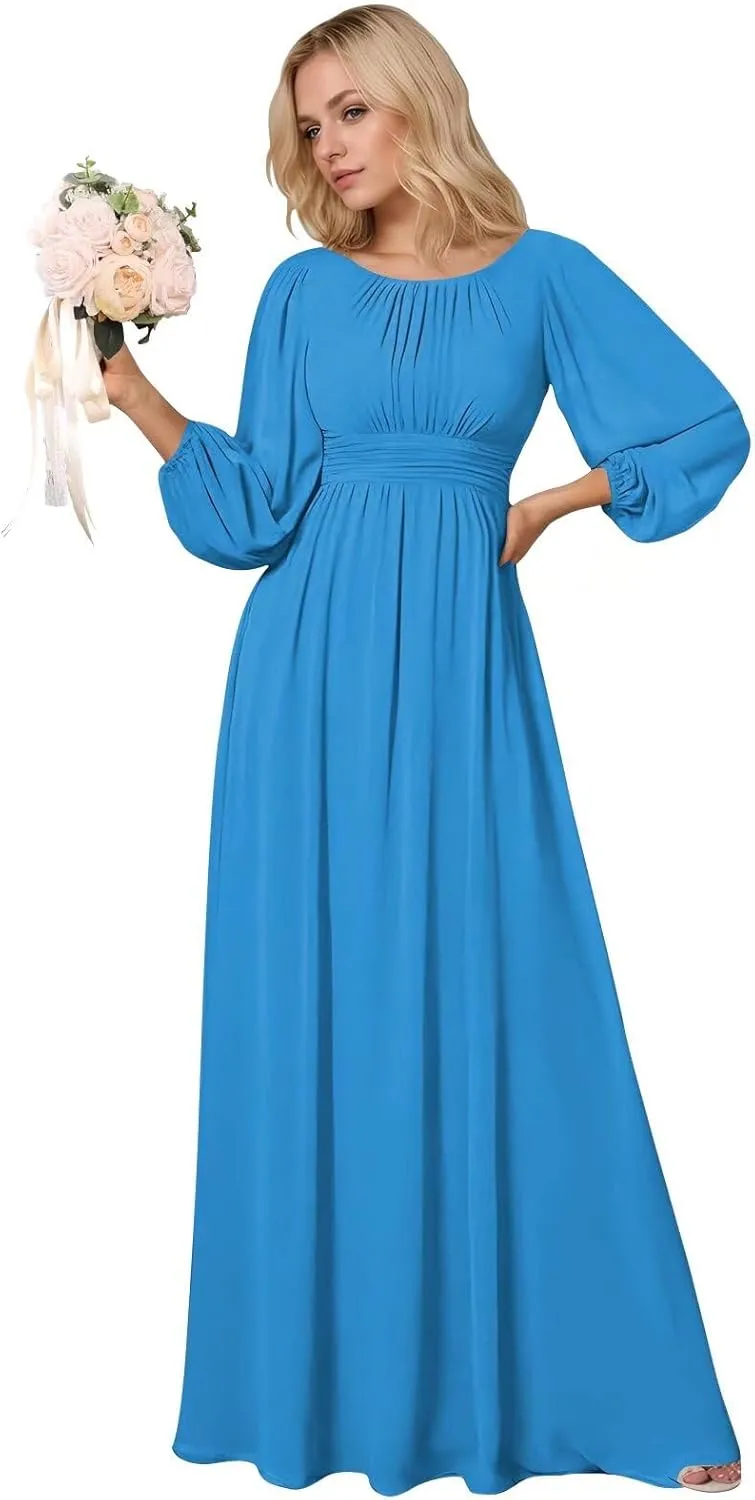 BOLENSYE Long Formal Dresses for Women with Lantern Sleeves A Line Chiffon Ruched Bridesmaid Dress Evening Gowns
