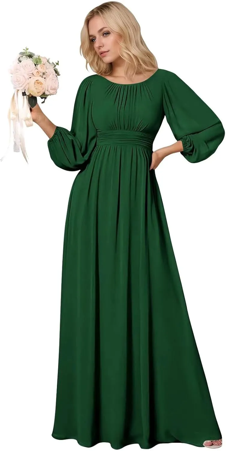 BOLENSYE Long Formal Dresses for Women with Lantern Sleeves A Line Chiffon Ruched Bridesmaid Dress Evening Gowns