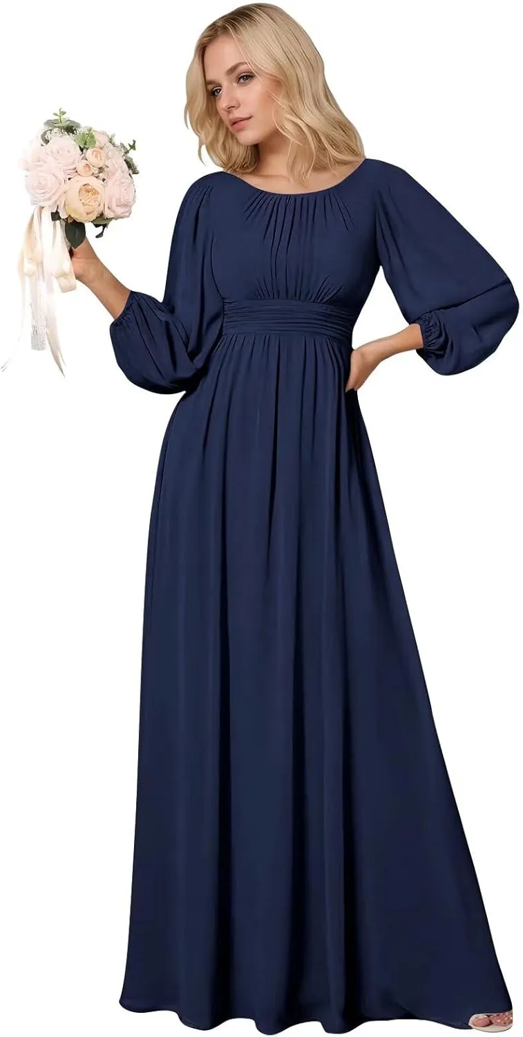BOLENSYE Long Formal Dresses for Women with Lantern Sleeves A Line Chiffon Ruched Bridesmaid Dress Evening Gowns