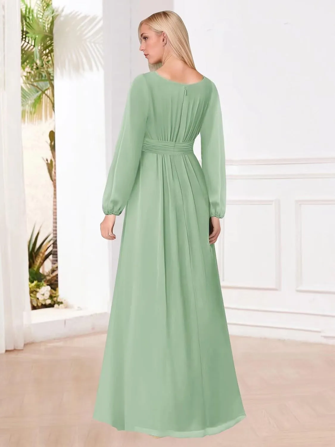 BOLENSYE Long Formal Dresses for Women with Lantern Sleeves A Line Chiffon Ruched Bridesmaid Dress Evening Gowns