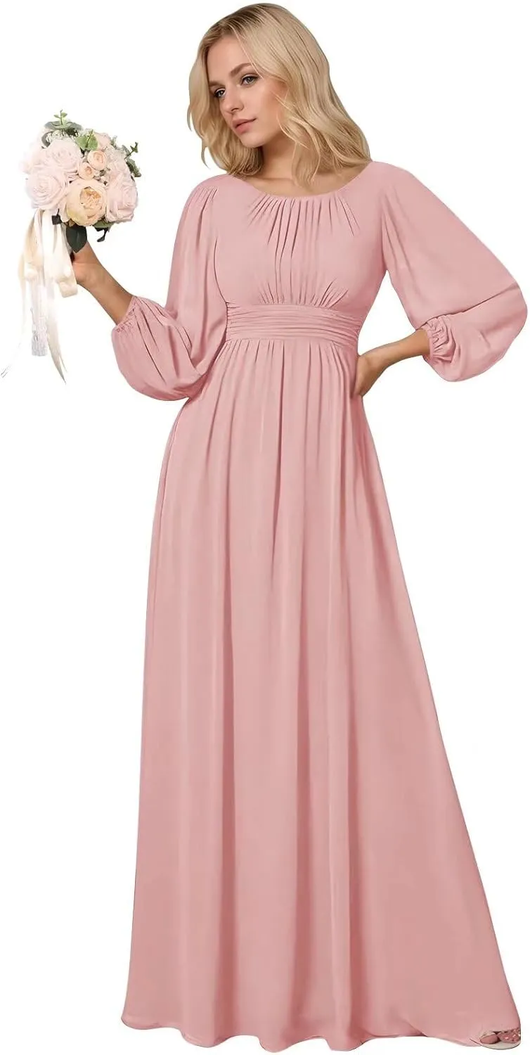 BOLENSYE Long Formal Dresses for Women with Lantern Sleeves A Line Chiffon Ruched Bridesmaid Dress Evening Gowns