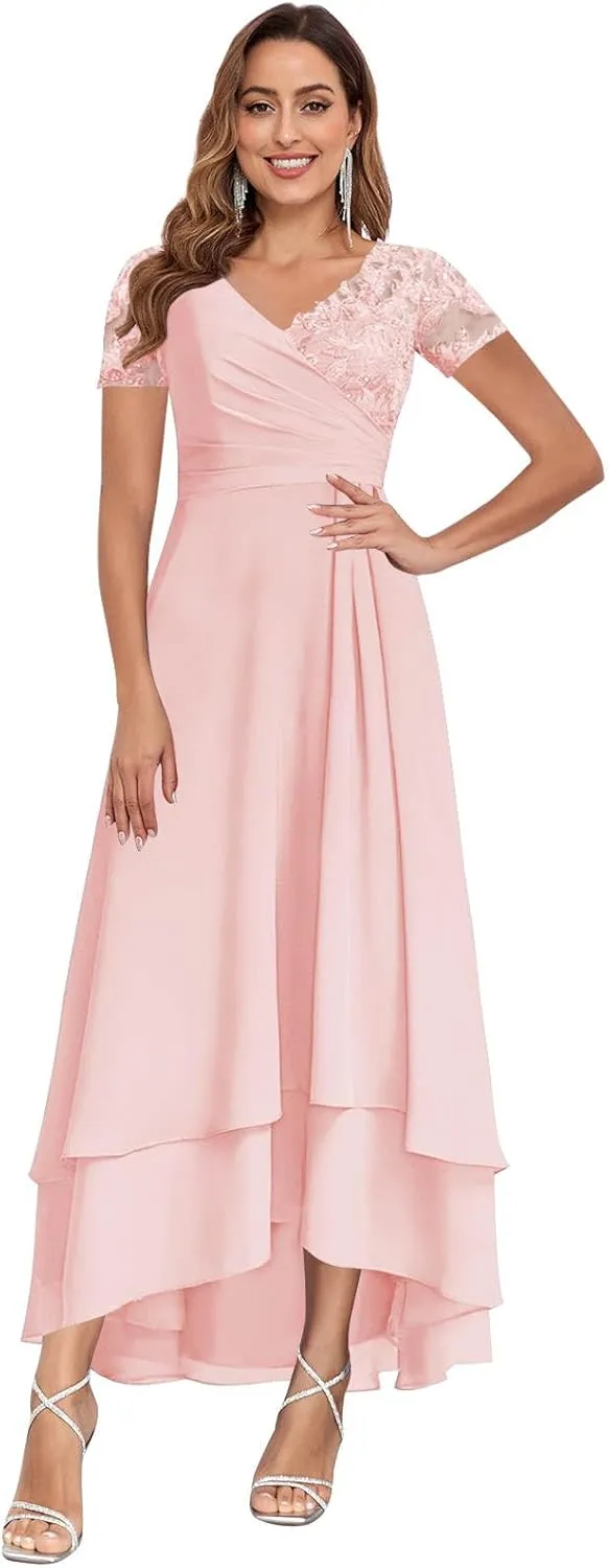 BONOYUER Tea Length Mother of The Bride Dresses with Sleeves V Neck Chiffon Formal Wedding Guest Dress for Women