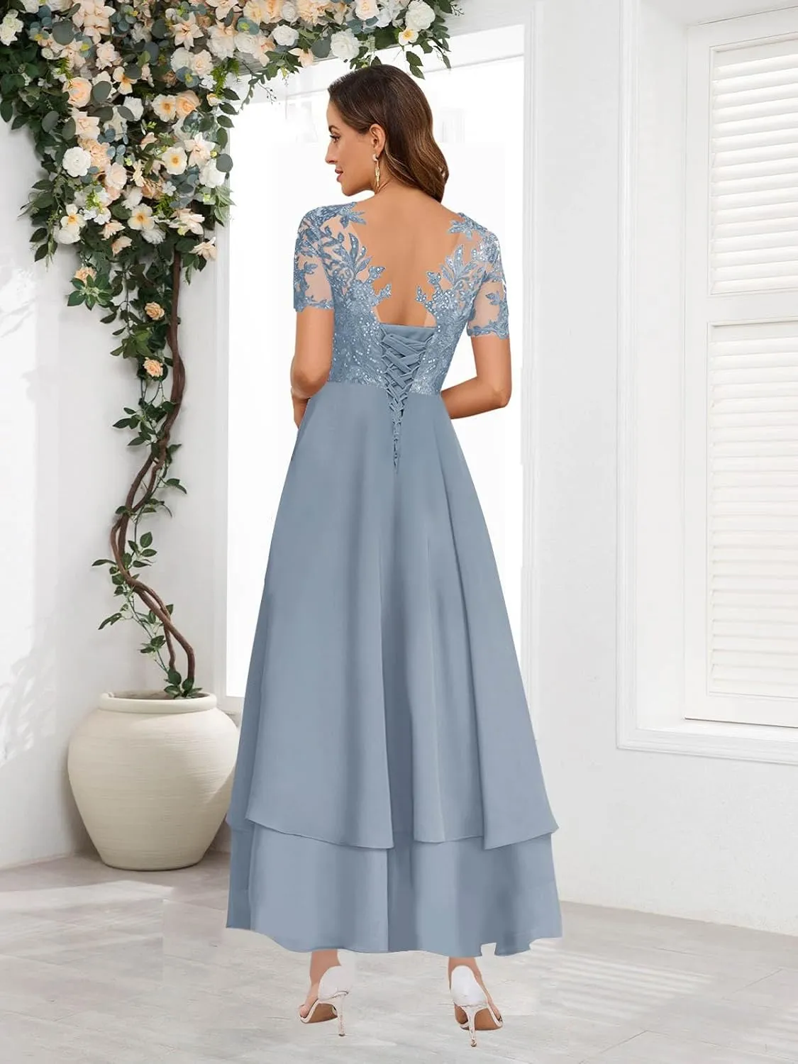 BONOYUER Tea Length Mother of The Bride Dresses with Sleeves V Neck Chiffon Formal Wedding Guest Dress for Women