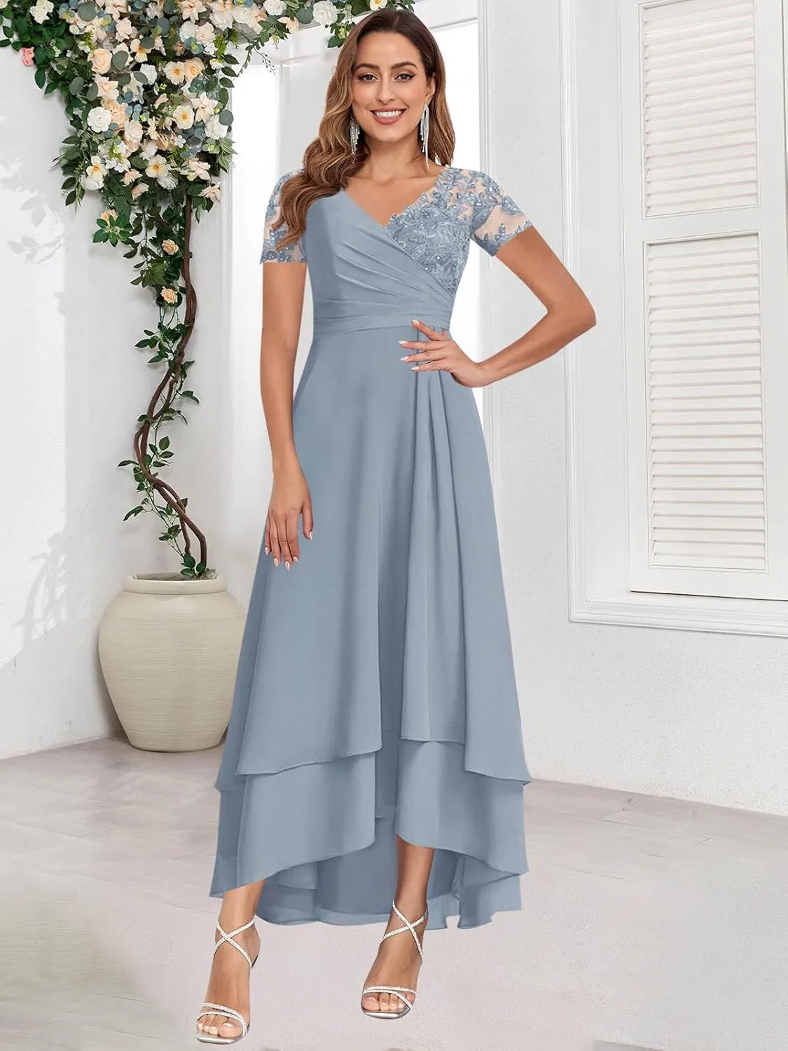 BONOYUER Tea Length Mother of The Bride Dresses with Sleeves V Neck Chiffon Formal Wedding Guest Dress for Women