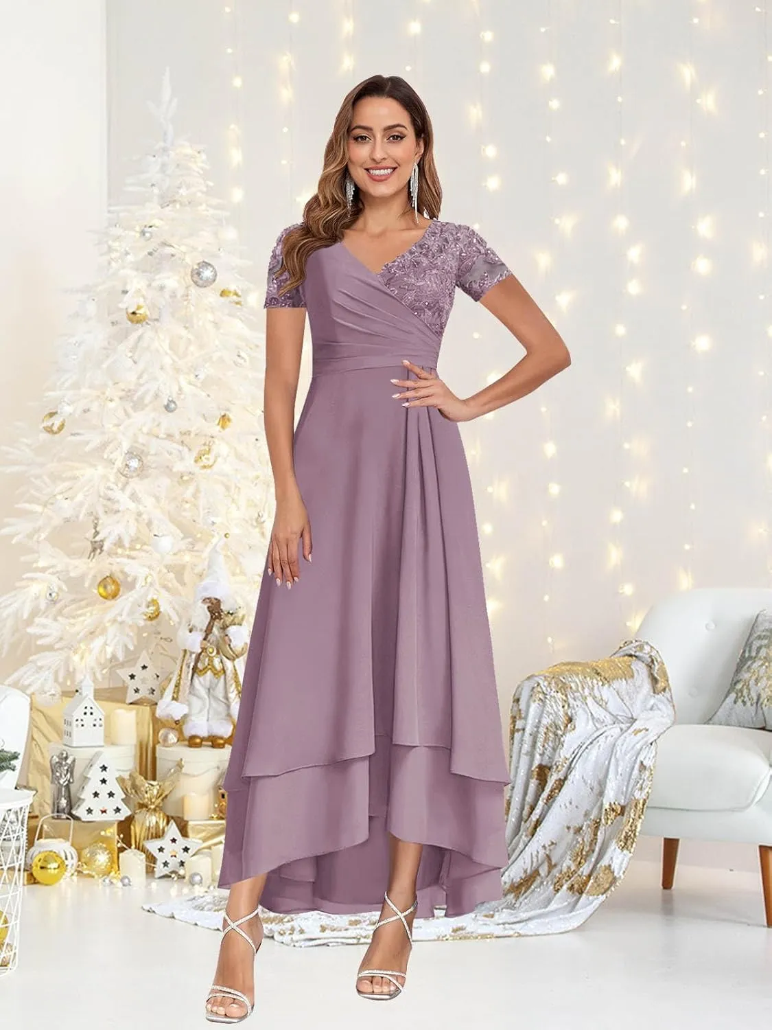 BONOYUER Tea Length Mother of The Bride Dresses with Sleeves V Neck Chiffon Formal Wedding Guest Dress for Women
