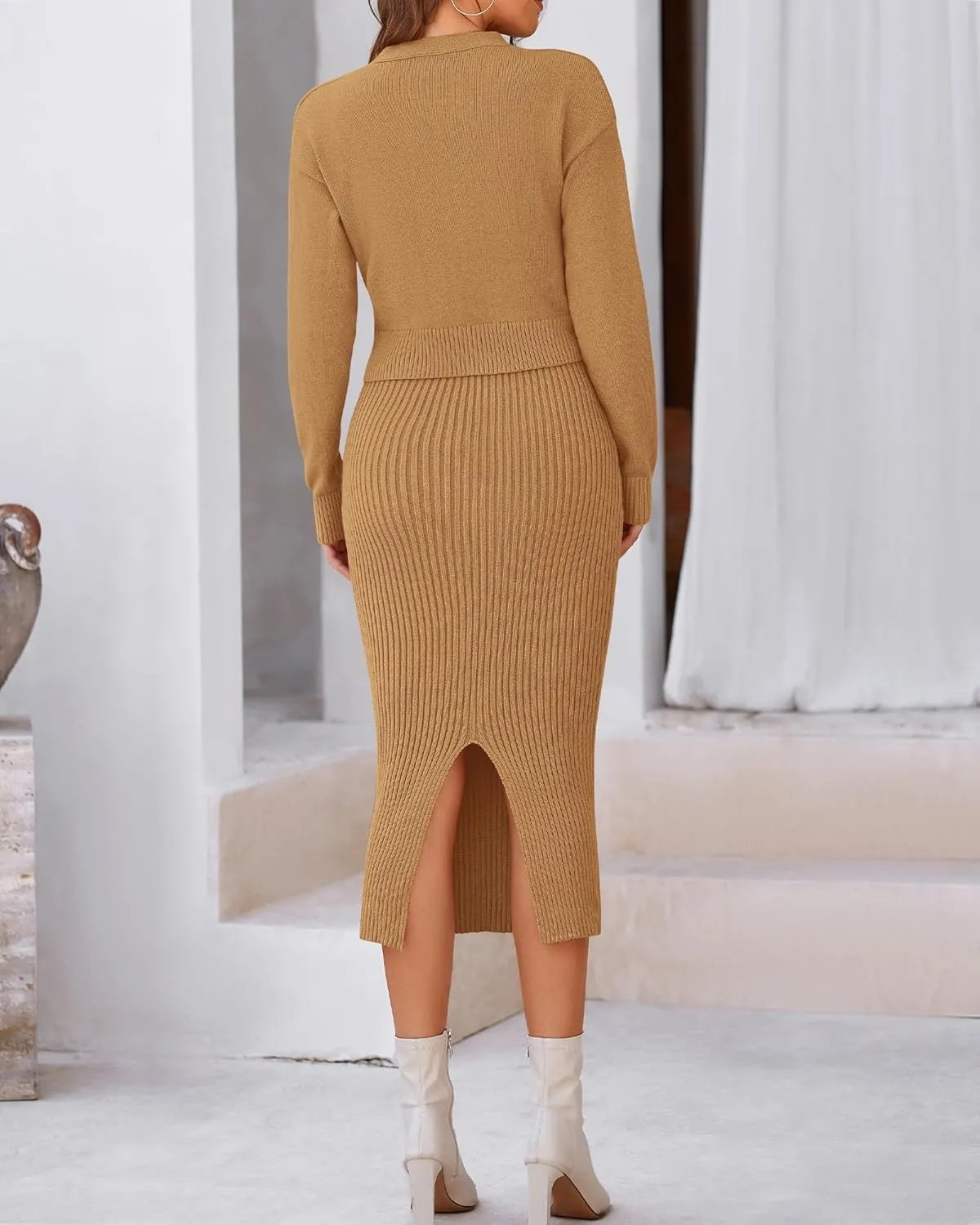 BTFBM Women Fall Knit Sweater Dress Set Bodycon Slit Midi Dresses Button Down Long Sleeve Cropped Cardigan 2 Piece Sets