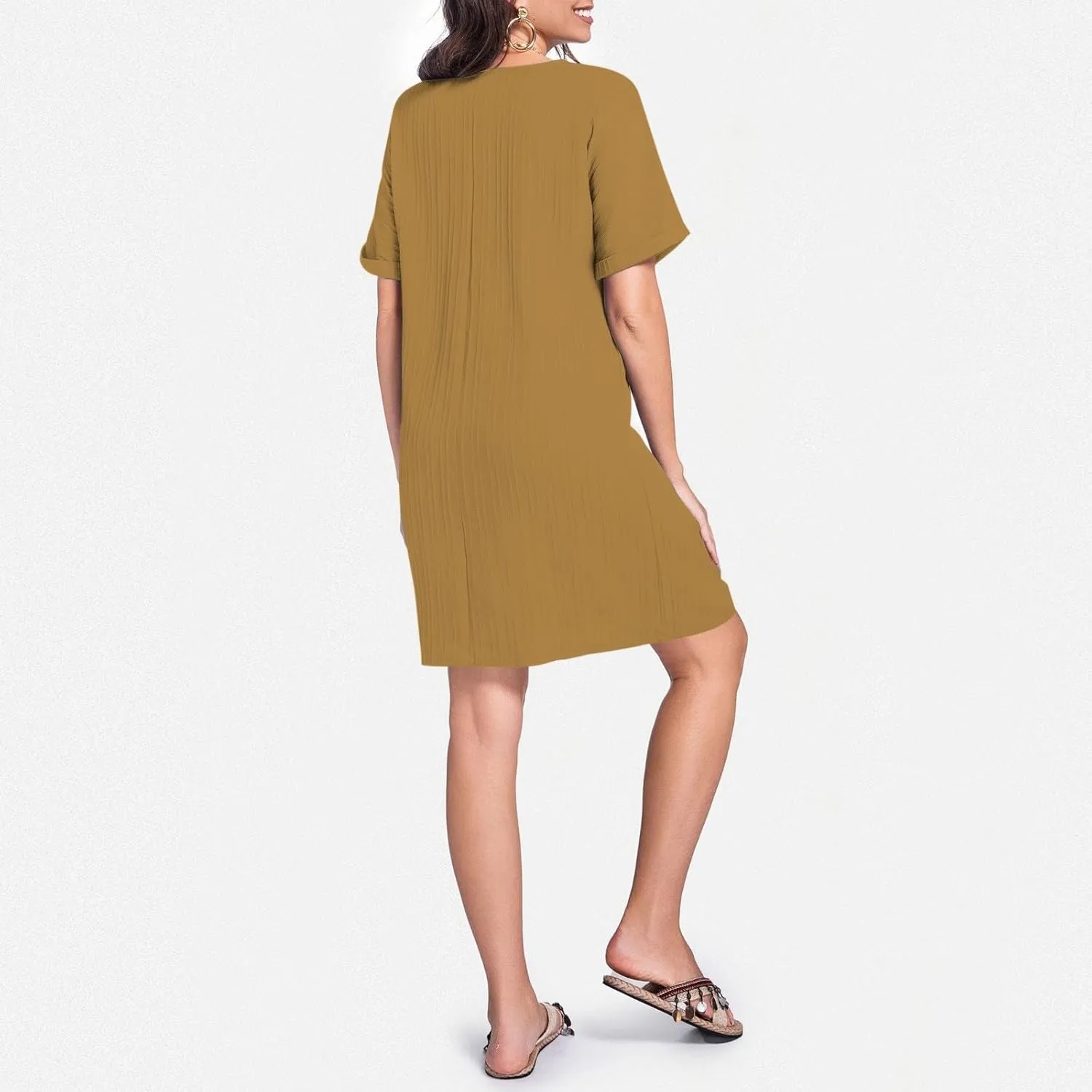 Button Down Dress for Women 2025 V Neck Mini Summer Dress Casual Short Sleeve Beach Vacation Dresses Resort Wear