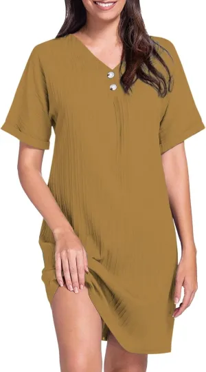 Button Down Dress for Women 2025 V Neck Mini Summer Dress Casual Short Sleeve Beach Vacation Dresses Resort Wear