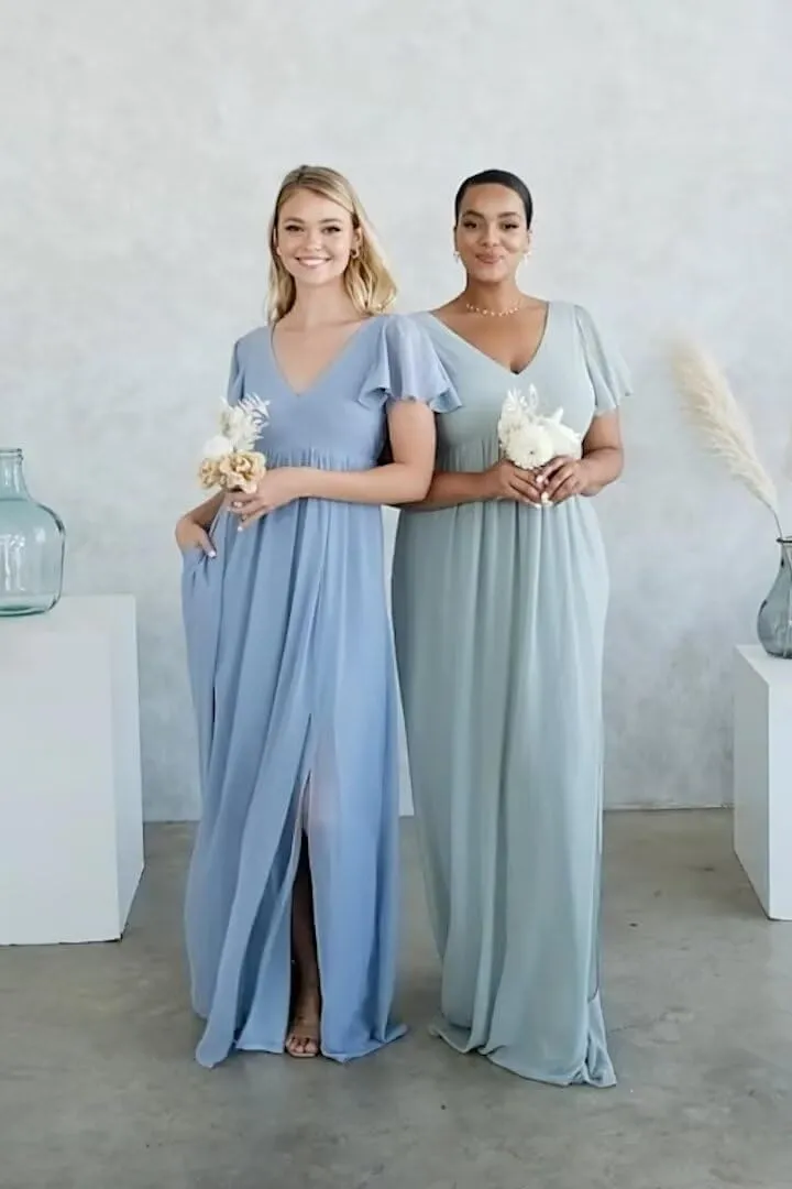 Cadoly Women's Chiffon A-Line 2025 Bridesmaid Dresses for Wedding Long with Slit Ruffle Sleeves V-Neck Formal Dresses