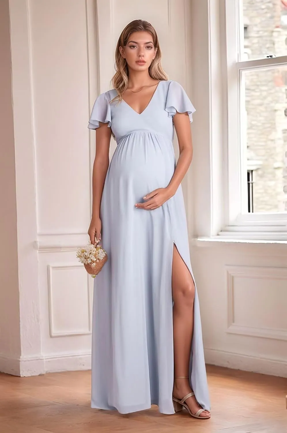 Cadoly Women's Chiffon A-Line 2025 Bridesmaid Dresses for Wedding Long with Slit Ruffle Sleeves V-Neck Formal Dresses