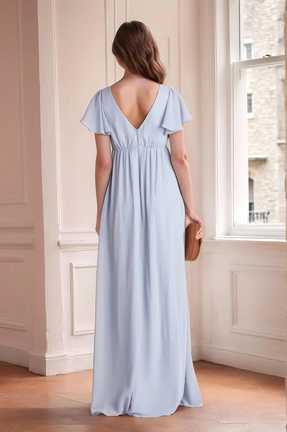 Cadoly Women's Chiffon A-Line 2025 Bridesmaid Dresses for Wedding Long with Slit Ruffle Sleeves V-Neck Formal Dresses