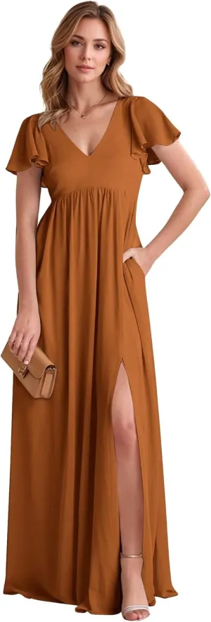 Cadoly Women's Chiffon A-Line 2025 Bridesmaid Dresses for Wedding Long with Slit Ruffle Sleeves V-Neck Formal Dresses