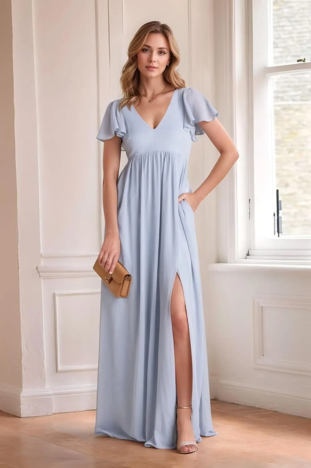 Cadoly Women's Chiffon A-Line 2025 Bridesmaid Dresses for Wedding Long with Slit Ruffle Sleeves V-Neck Formal Dresses
