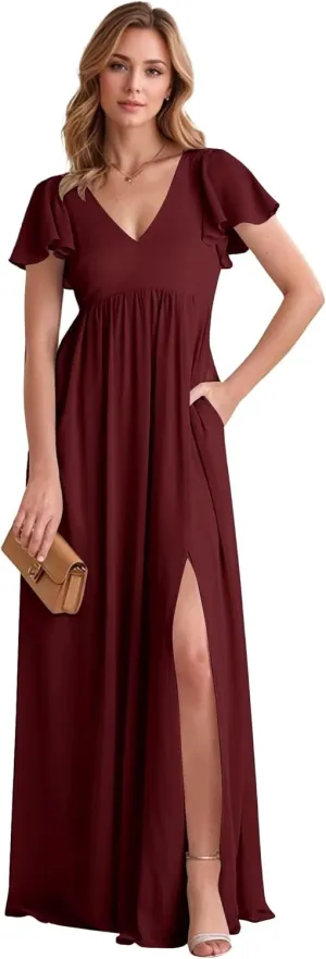 Cadoly Women's Chiffon A-Line 2025 Bridesmaid Dresses for Wedding Long with Slit Ruffle Sleeves V-Neck Formal Dresses
