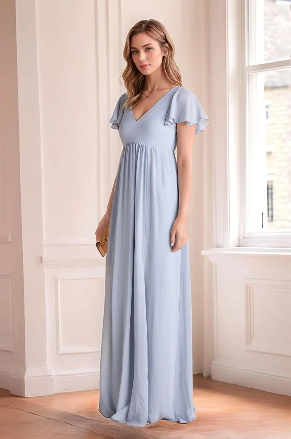 Cadoly Women's Chiffon A-Line 2025 Bridesmaid Dresses for Wedding Long with Slit Ruffle Sleeves V-Neck Formal Dresses