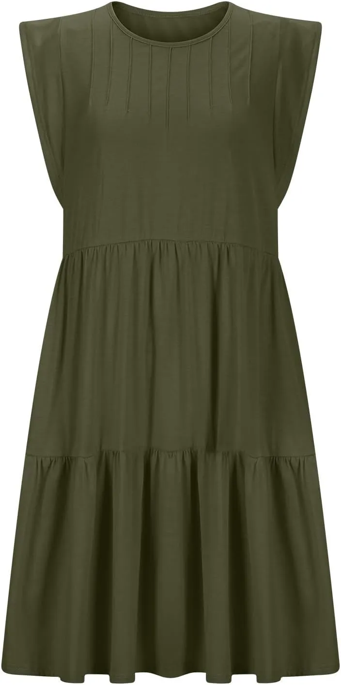 Cap Sleeve Crewneck Pleated Babydoll Mini Dress for Women Summer Beach Casual Ruffle Tiered Flowy A Line Swing Sundress
