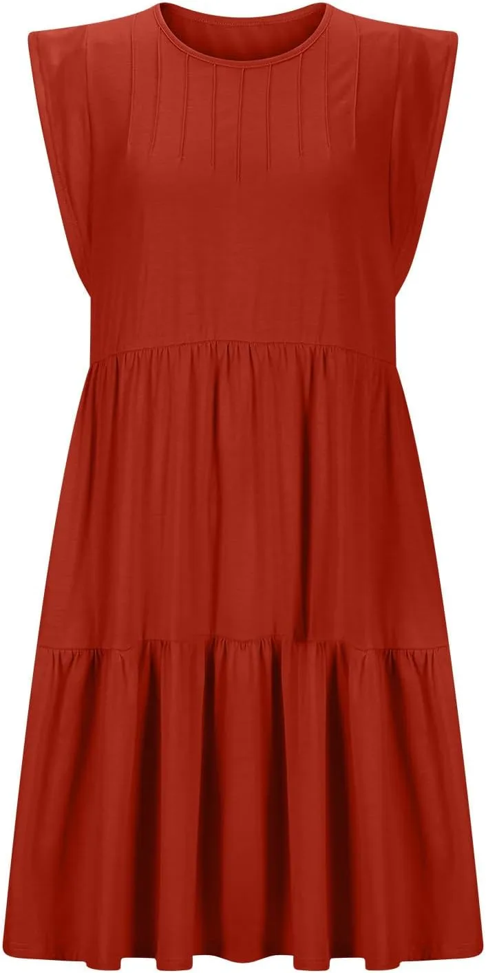 Cap Sleeve Crewneck Pleated Babydoll Mini Dress for Women Summer Beach Casual Ruffle Tiered Flowy A Line Swing Sundress