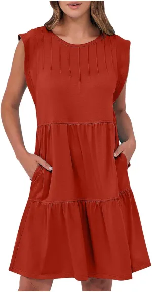 Cap Sleeve Crewneck Pleated Babydoll Mini Dress for Women Summer Beach Casual Ruffle Tiered Flowy A Line Swing Sundress