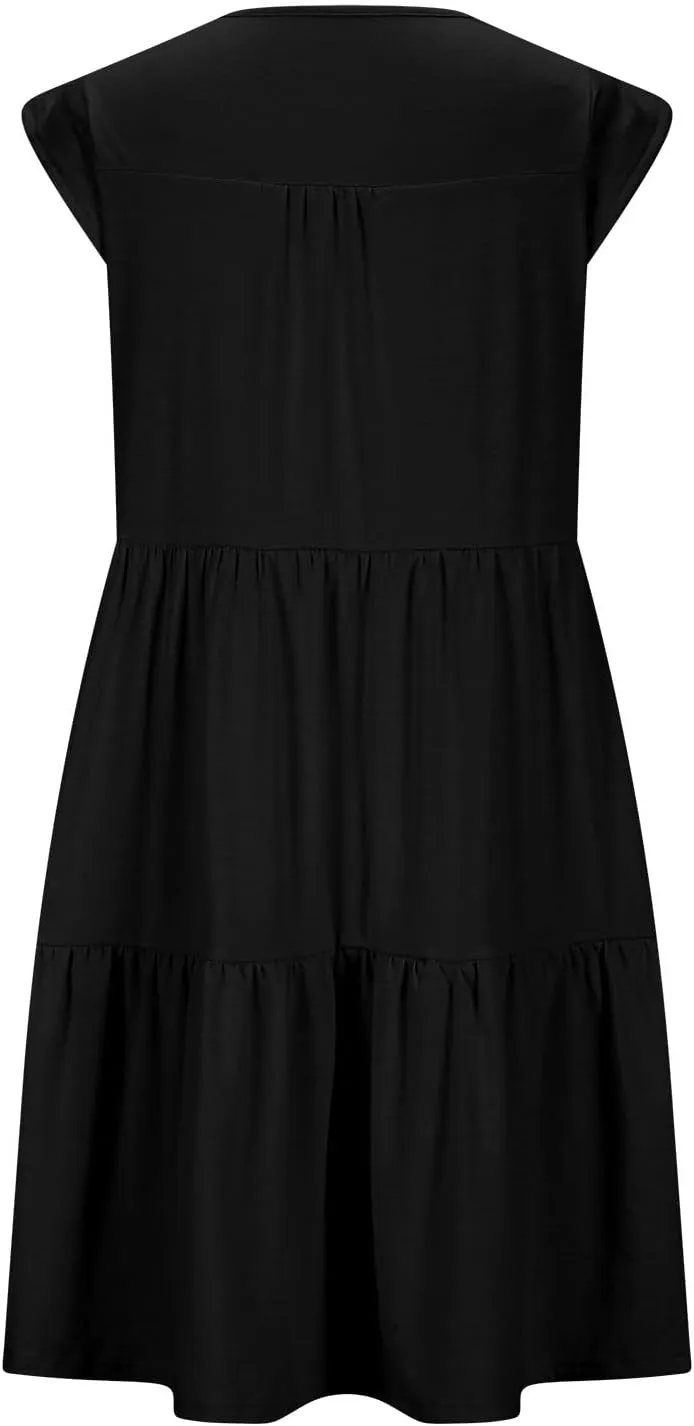 Cap Sleeve Crewneck Pleated Babydoll Mini Dress for Women Summer Beach Casual Ruffle Tiered Flowy A Line Swing Sundress