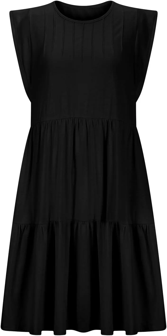 Cap Sleeve Crewneck Pleated Babydoll Mini Dress for Women Summer Beach Casual Ruffle Tiered Flowy A Line Swing Sundress