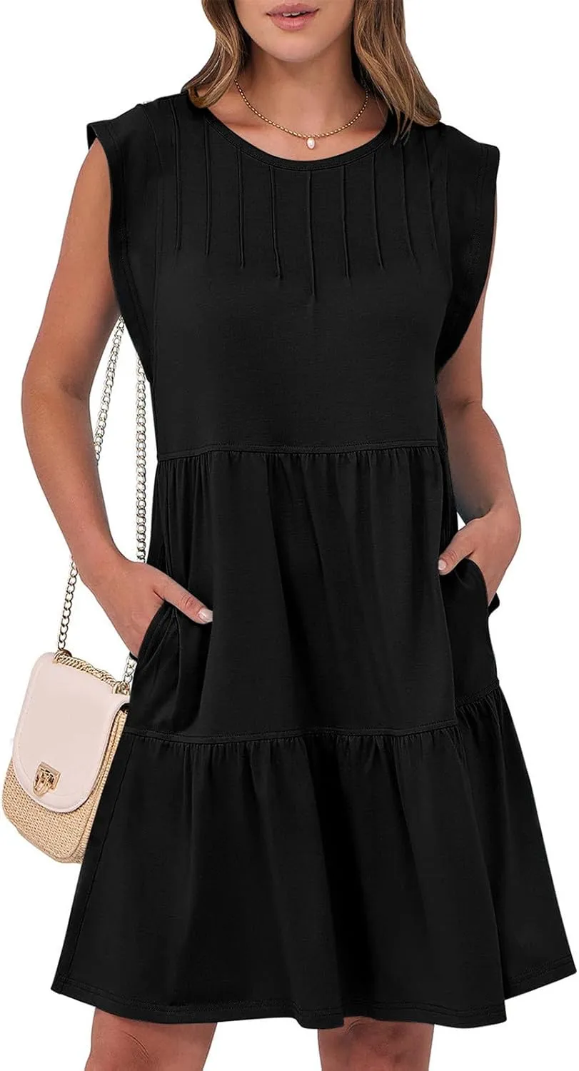 Cap Sleeve Crewneck Pleated Babydoll Mini Dress for Women Summer Beach Casual Ruffle Tiered Flowy A Line Swing Sundress