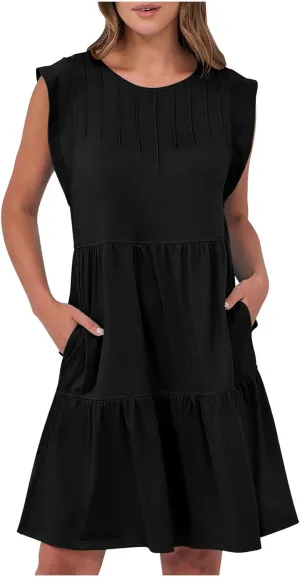 Cap Sleeve Crewneck Pleated Babydoll Mini Dress for Women Summer Beach Casual Ruffle Tiered Flowy A Line Swing Sundress