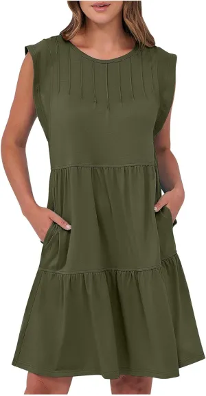 Cap Sleeve Crewneck Pleated Babydoll Mini Dress for Women Summer Beach Casual Ruffle Tiered Flowy A Line Swing Sundress