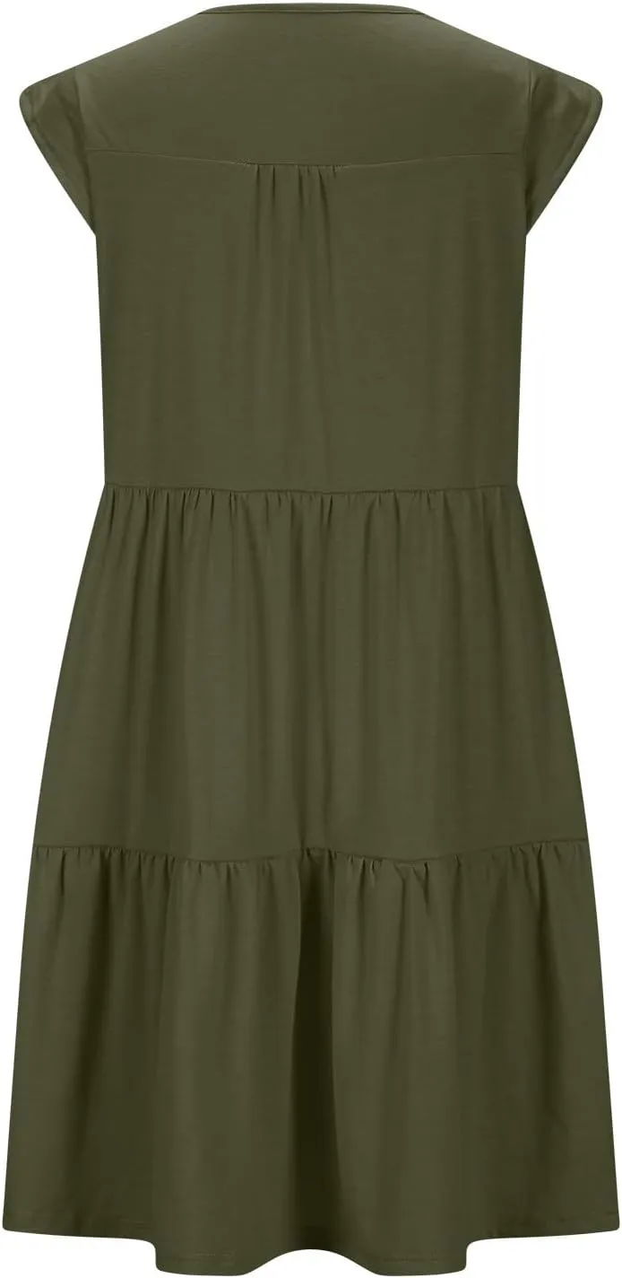 Cap Sleeve Crewneck Pleated Babydoll Mini Dress for Women Summer Beach Casual Ruffle Tiered Flowy A Line Swing Sundress