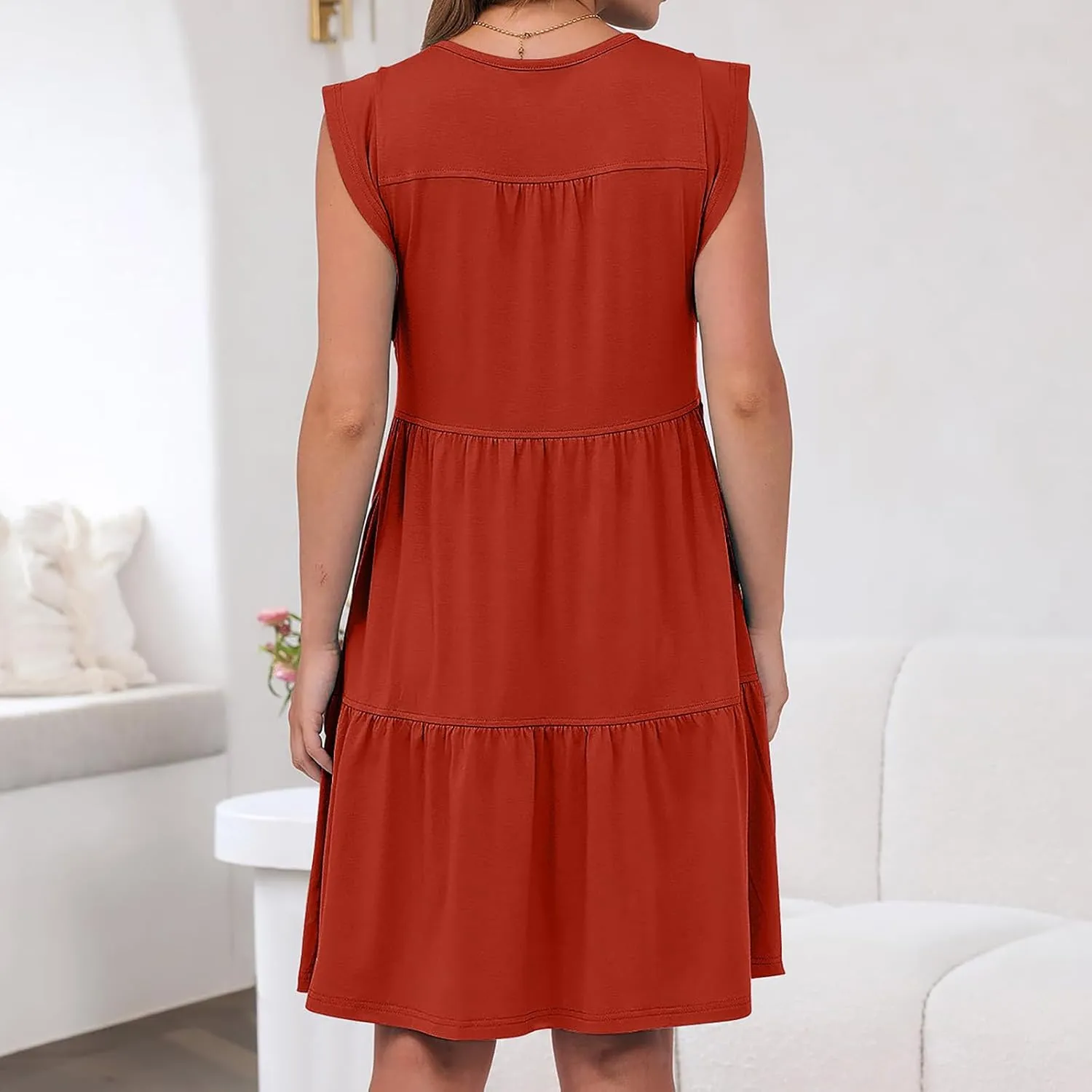 Cap Sleeve Crewneck Pleated Babydoll Mini Dress for Women Summer Beach Casual Ruffle Tiered Flowy A Line Swing Sundress