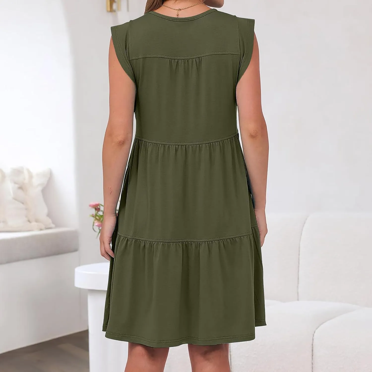 Cap Sleeve Crewneck Pleated Babydoll Mini Dress for Women Summer Beach Casual Ruffle Tiered Flowy A Line Swing Sundress