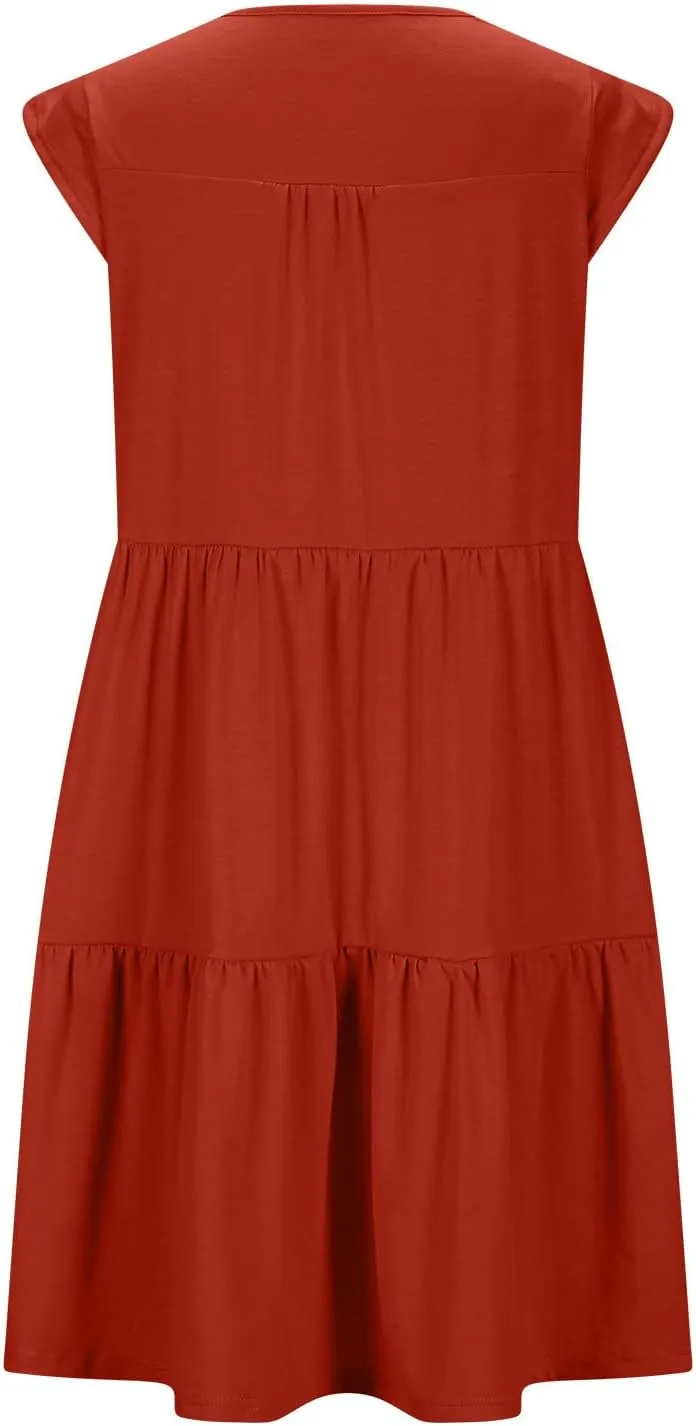 Cap Sleeve Crewneck Pleated Babydoll Mini Dress for Women Summer Beach Casual Ruffle Tiered Flowy A Line Swing Sundress