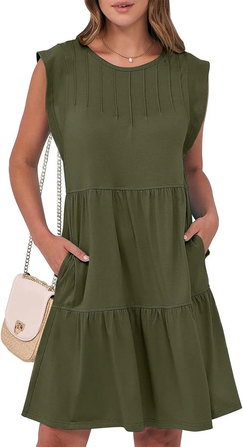Cap Sleeve Crewneck Pleated Babydoll Mini Dress for Women Summer Beach Casual Ruffle Tiered Flowy A Line Swing Sundress