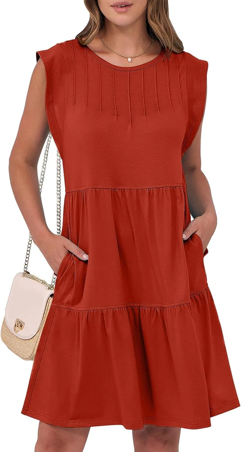 Cap Sleeve Crewneck Pleated Babydoll Mini Dress for Women Summer Beach Casual Ruffle Tiered Flowy A Line Swing Sundress