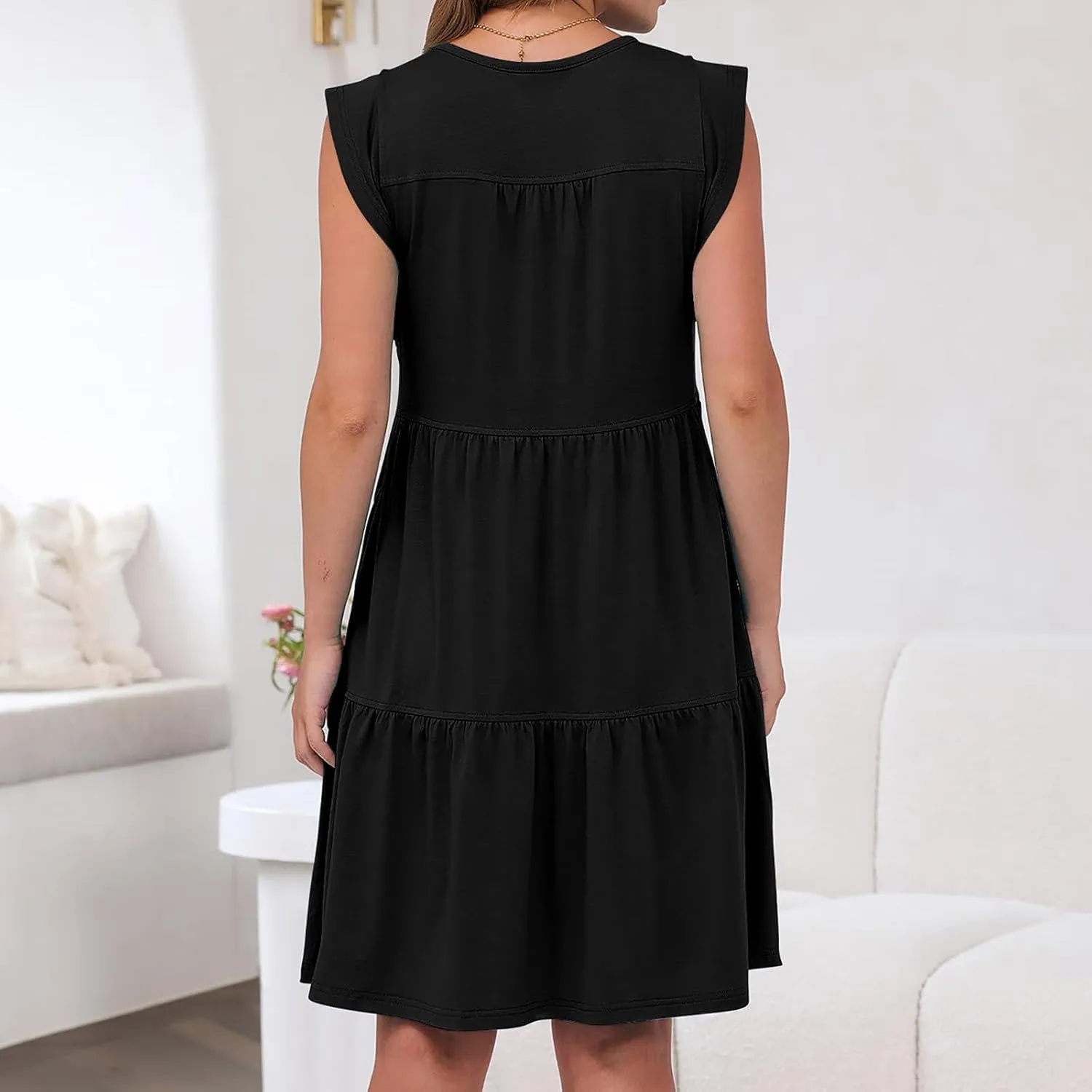 Cap Sleeve Crewneck Pleated Babydoll Mini Dress for Women Summer Beach Casual Ruffle Tiered Flowy A Line Swing Sundress